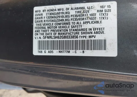 2016 Honda Odyssey Ex-L from USA, damaged, VIN 5FNRL5H62GB033856